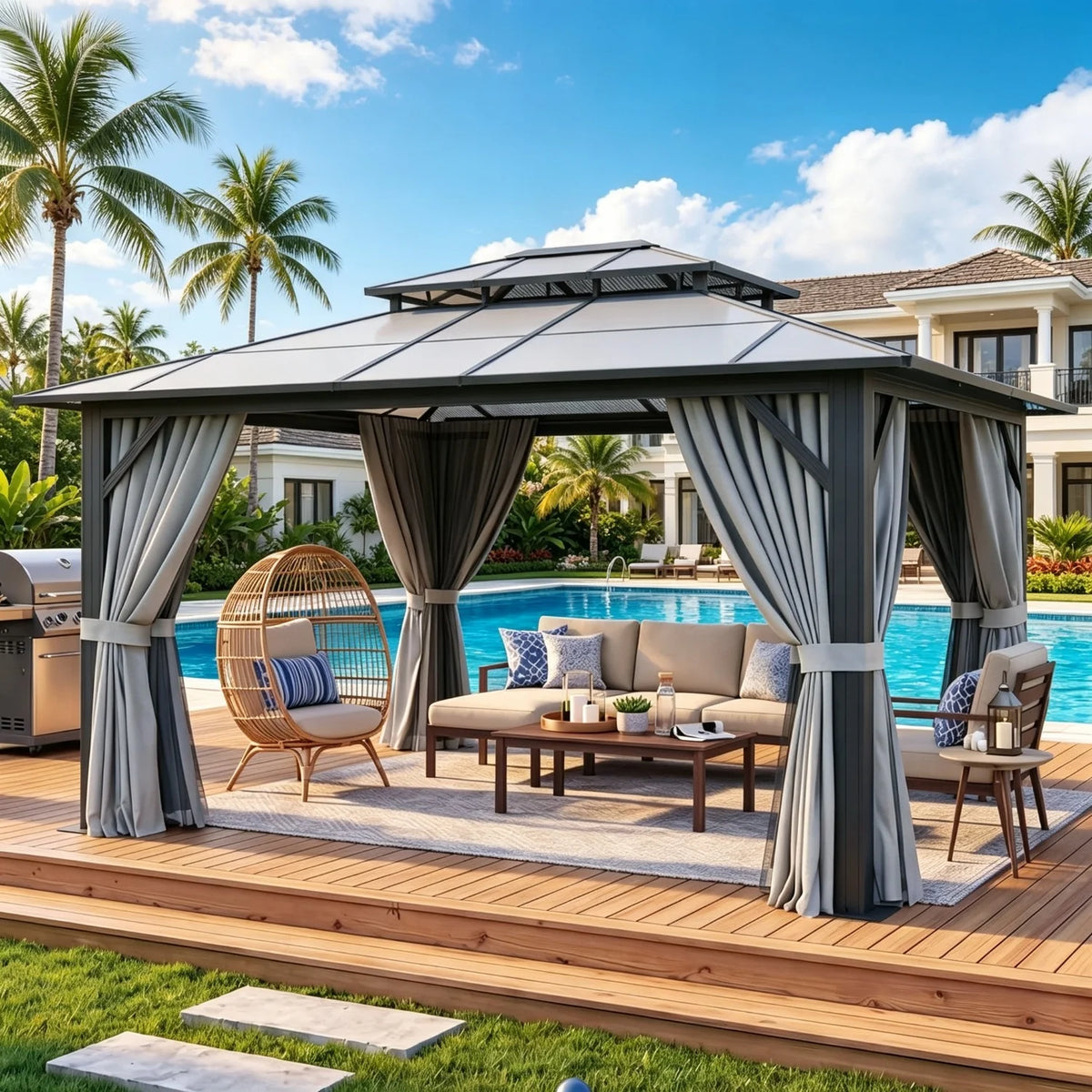 Nordivale Aluminum Hardtop Gazebo With Polycarbonate Roof Curtains And Netting