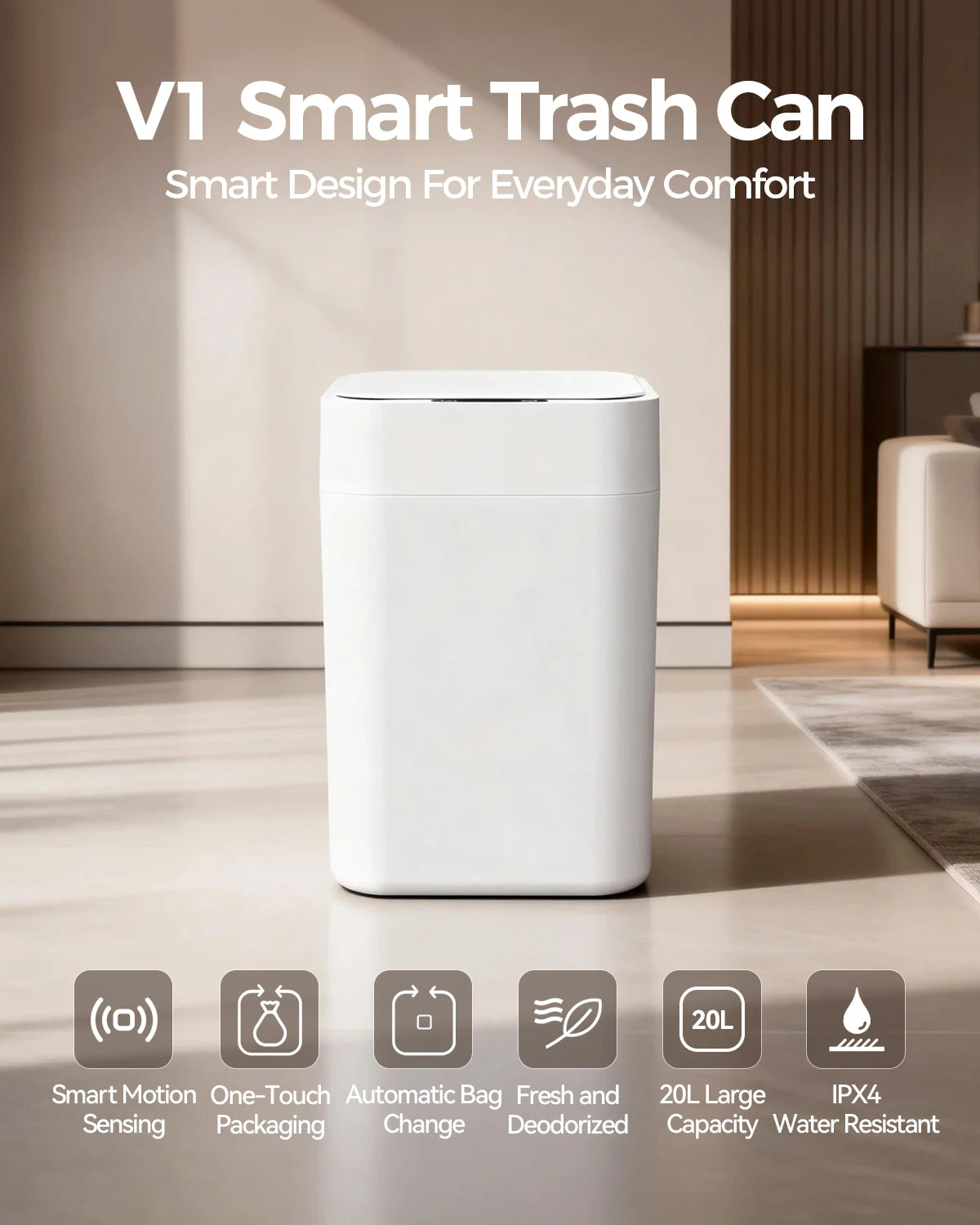 Automatic Touchless Self Sealing Smart Trash Can With Odor Control