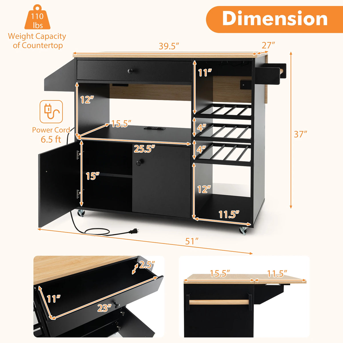 Homasis Kitchen Island Cart With Microwave Shelf And Power Outlet