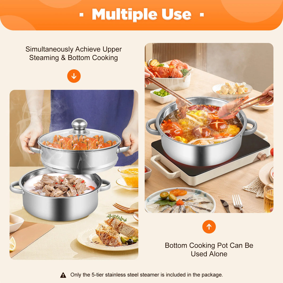 5 Tier Stainless Steel Steamer Pot With Lid For Cooking