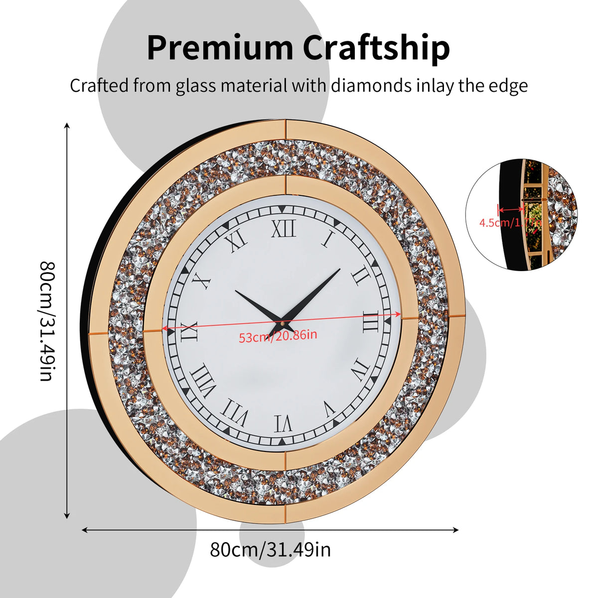 Decorative Crystal Mirror Wall Clock With Mute Alarm Function