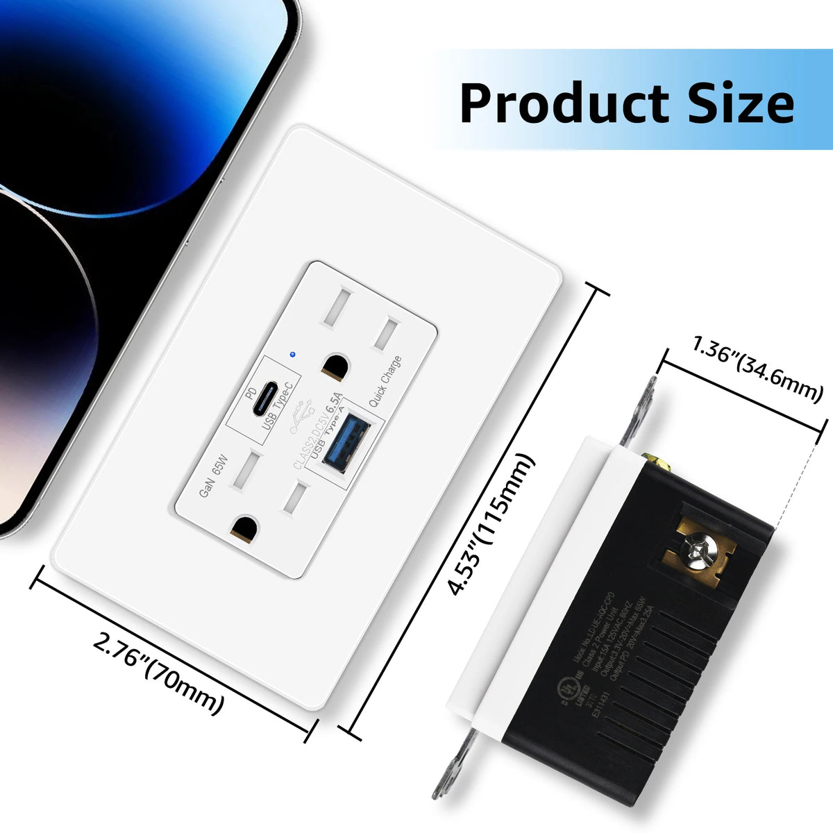 65W GaN Fast Charging USB A Type C Outlet Receptacle
