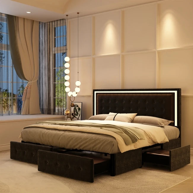 GEGOFORU Led Bed Frame With Four Storage Drawers Rgbw Headboard