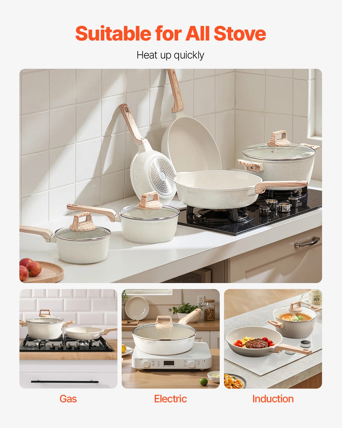 SucceBuy 17 Piece Granite Nonstick Cookware Sets Pots And Pans