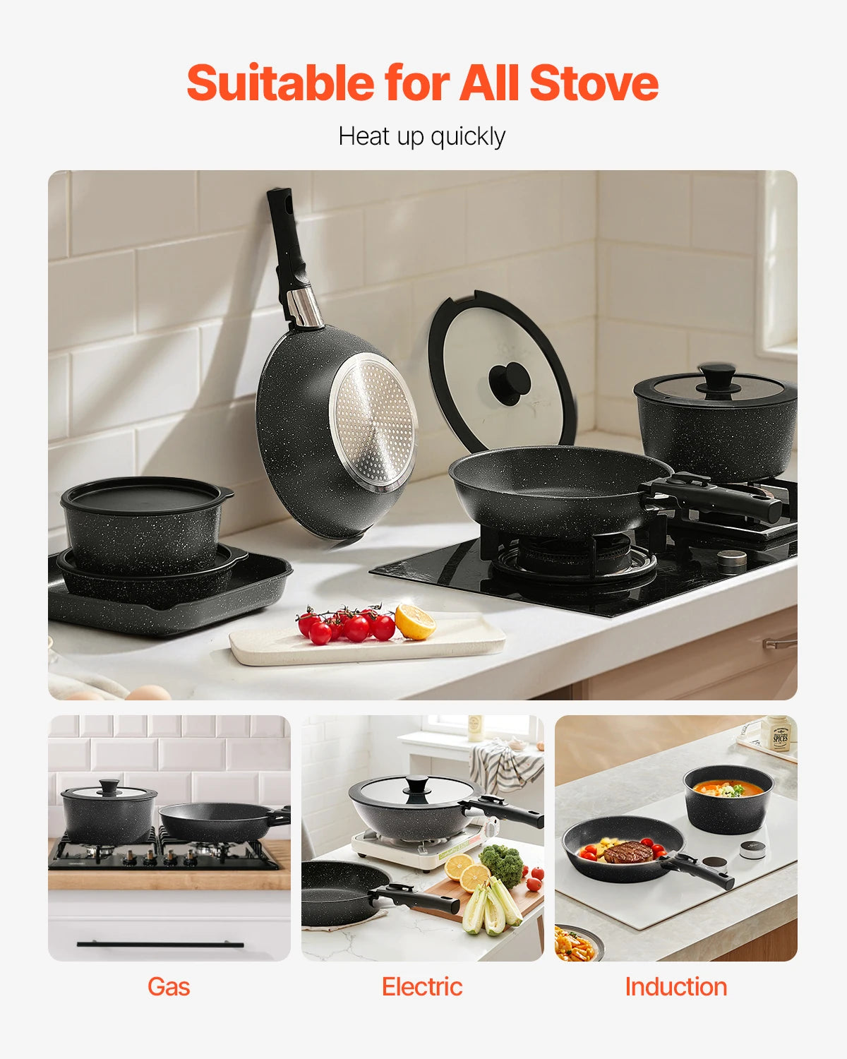 SucceBuy Granite Nonstick Cookware Set Pots And Pans Induction Ready