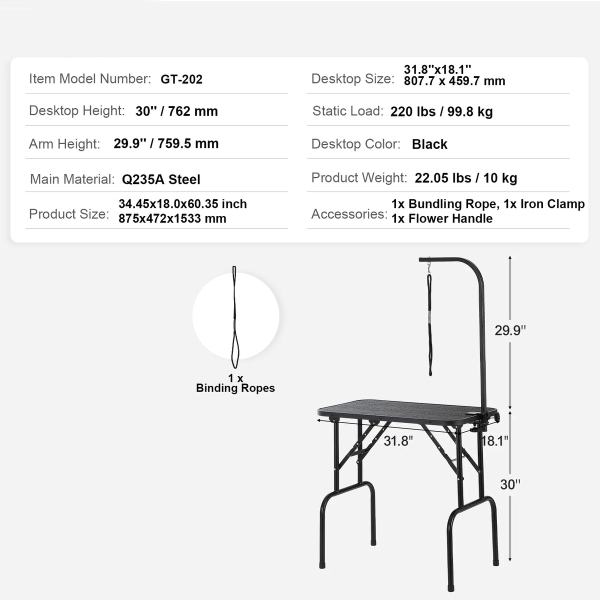 Foldable Pet Grooming Table With Dual Arms And Safety Loop