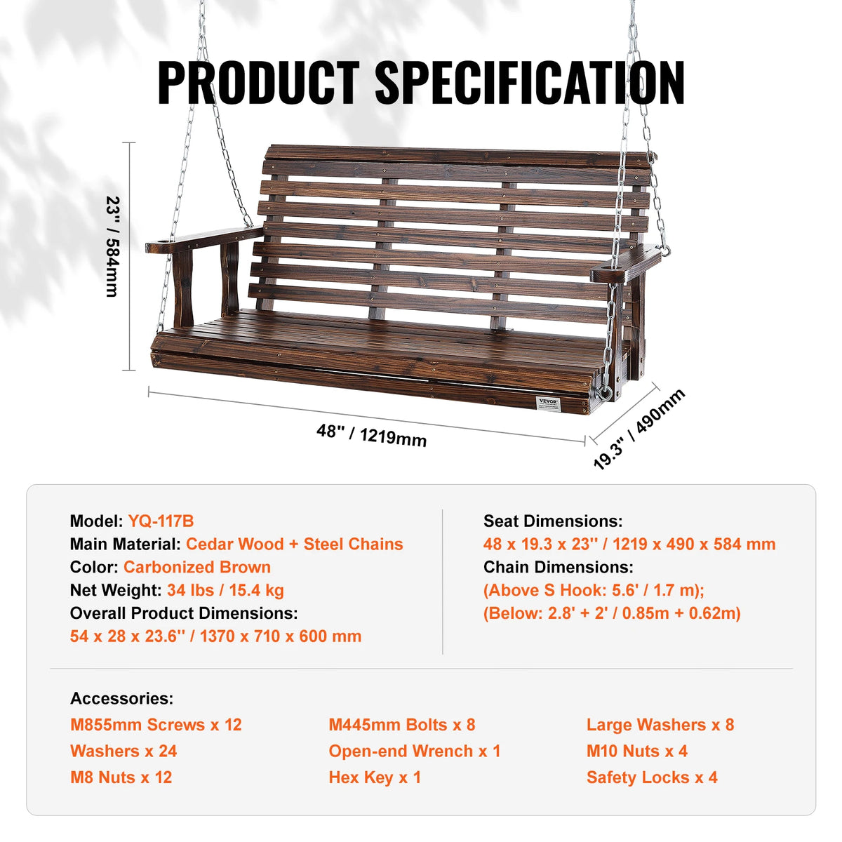 SucceBuy Cedar Wood Outdoor Porch Swing For Patio Garden Seating