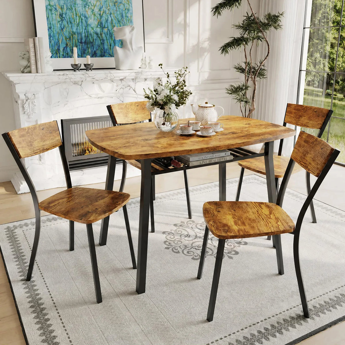 HiMISS Dining Set With Storage Shelf And Four Chairs