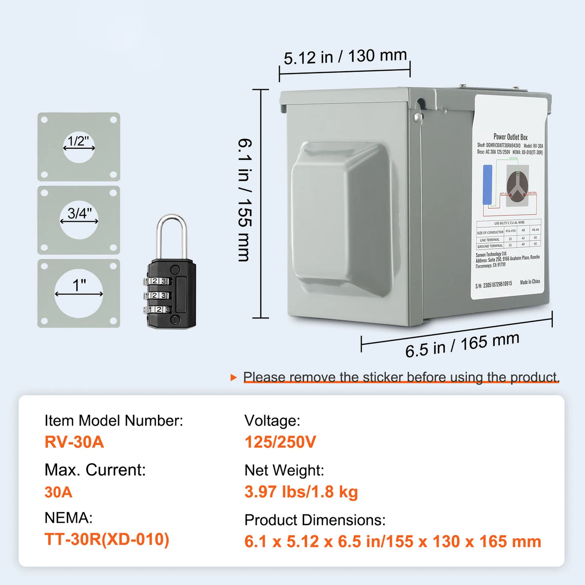 SucceBuy Heavy Duty Waterproof RV Power Outlet Box With Lock