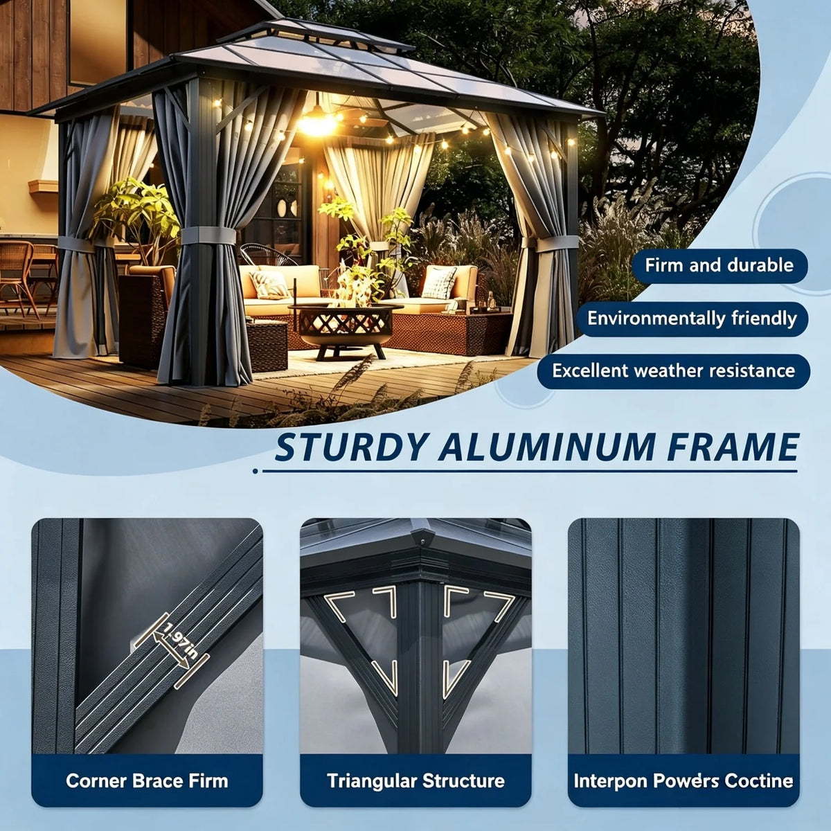 Nordivale Aluminum Hardtop Gazebo With Polycarbonate Roof Curtains And Netting
