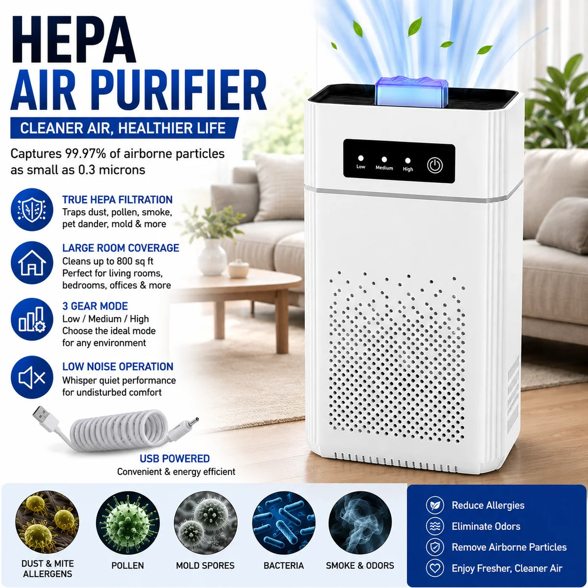 HEPA Air Purifier for Dust Smoke Odors and Pet Allergens