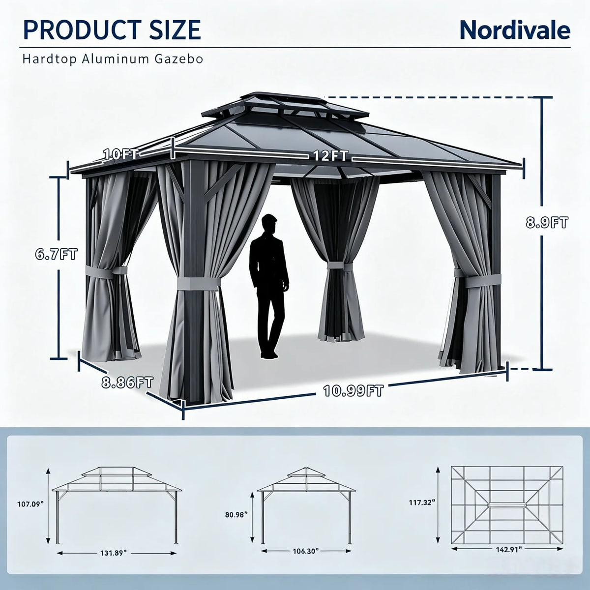 Nordivale Aluminum Hardtop Gazebo With Polycarbonate Roof Curtains And Netting