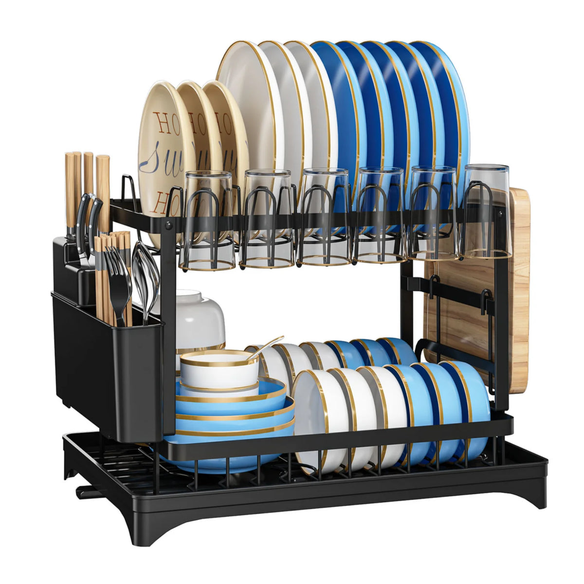 HiMISS Two Tier Dish Drying Rack With Drainage Tray