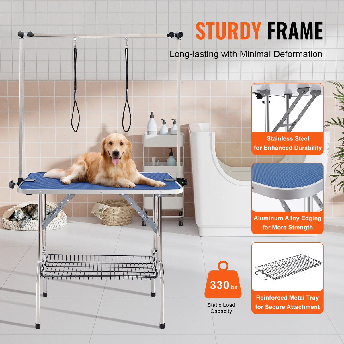 Foldable Pet Grooming Table With Dual Arms And Safety Loop
