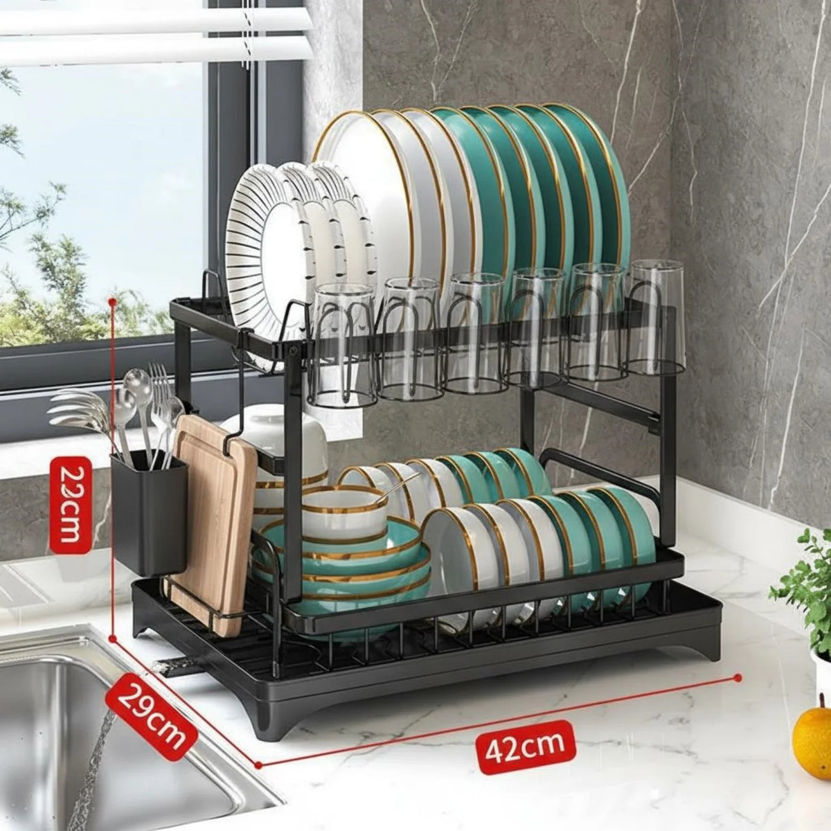 HiMISS Two Tier Dish Drying Rack With Drainage Tray