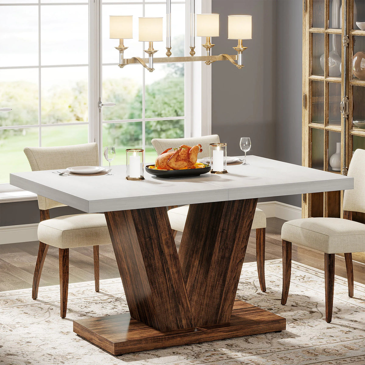 Tribesigns Farmhouse Wooden Dining Table With Heavy Duty Pedestal