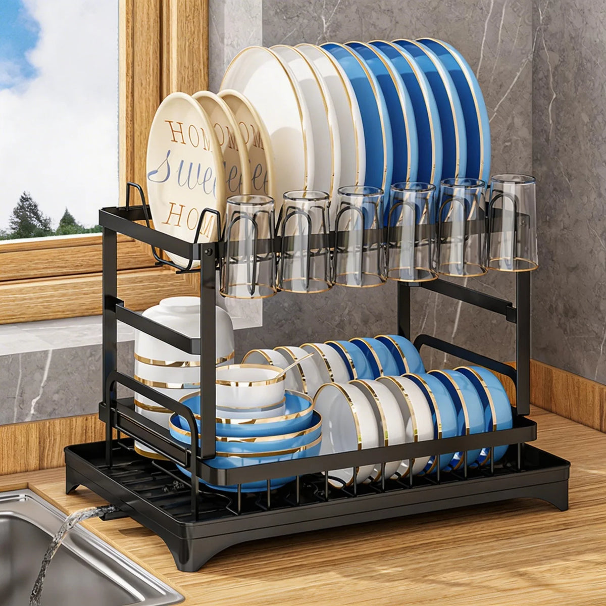 HiMISS Two Tier Dish Drying Rack With Drainage Tray