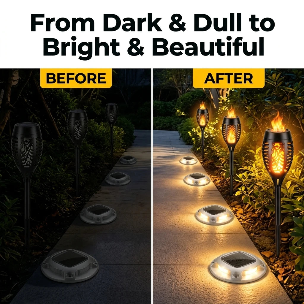 Solar Outdoor Torch And Ground Lights For Garden Pathways