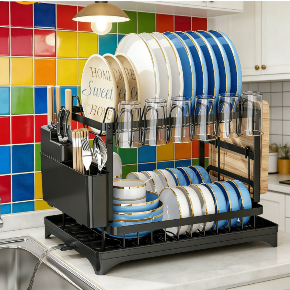 HiMISS Two Tier Dish Drying Rack With Drainage Tray