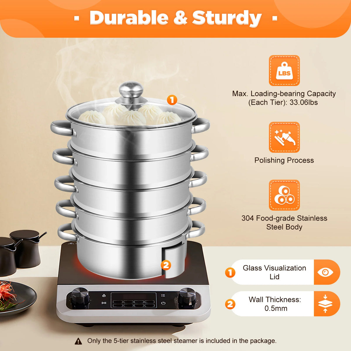5 Tier Stainless Steel Steamer Pot With Lid For Cooking