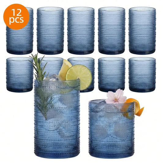 Tomnk 12 Piece Hobnail Texture Glass Tumbler Drinking Set