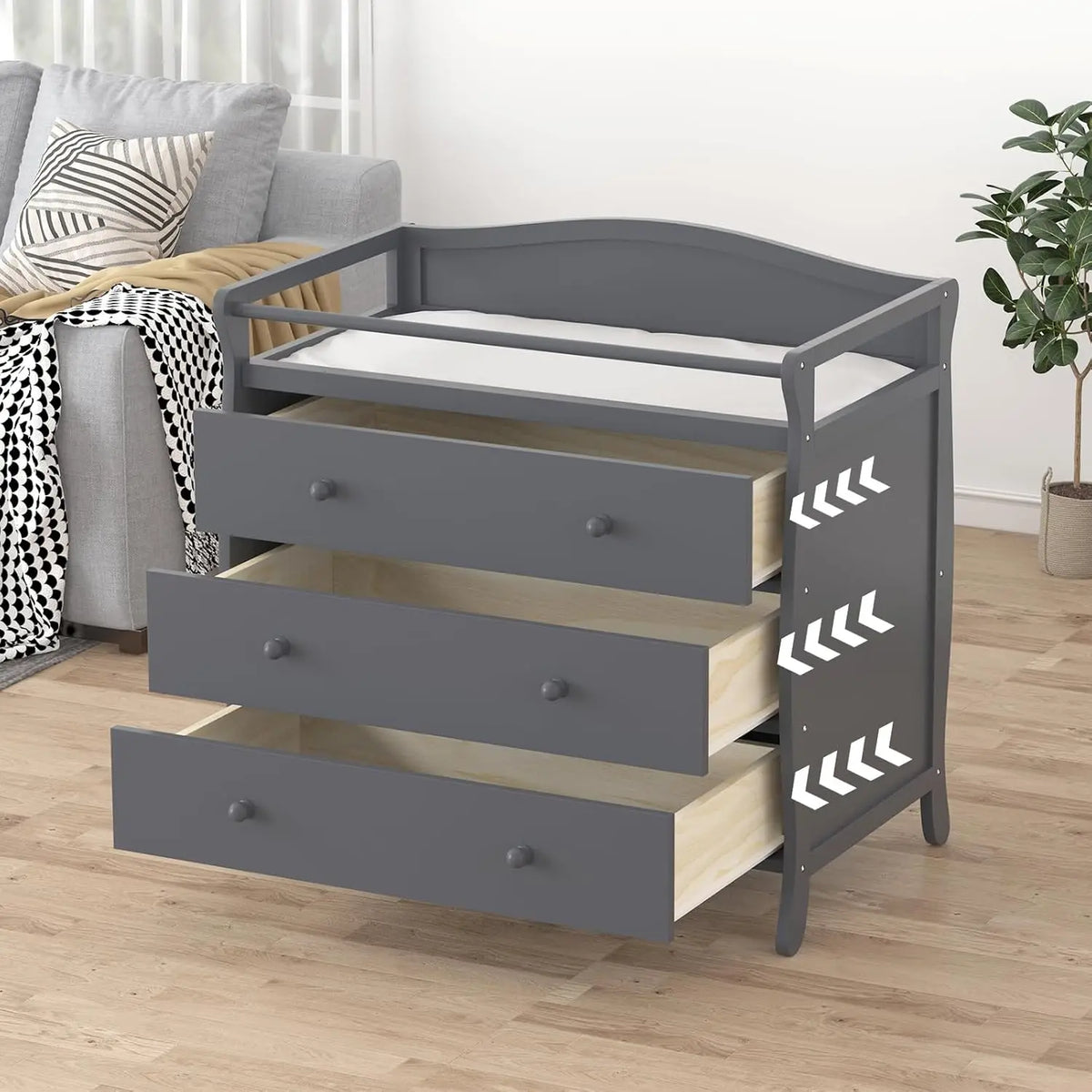 HiMISS Wooden Baby Changing Table With Safety Belt And Rails