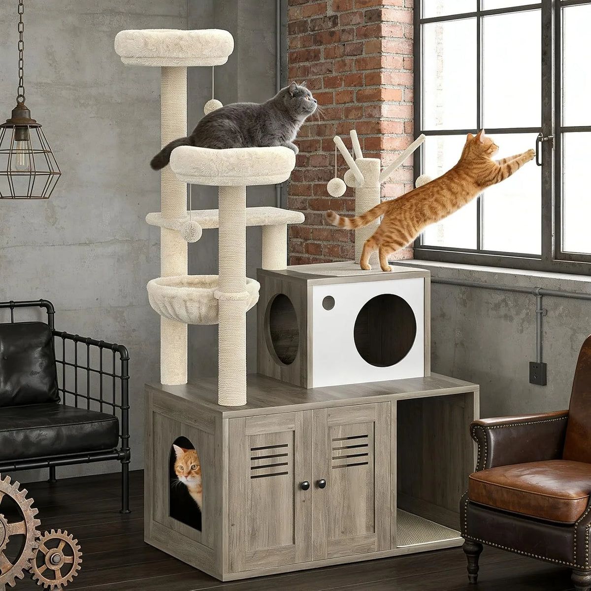 Modern Cat Tower With Integrated Hidden Litter Box Enclosure