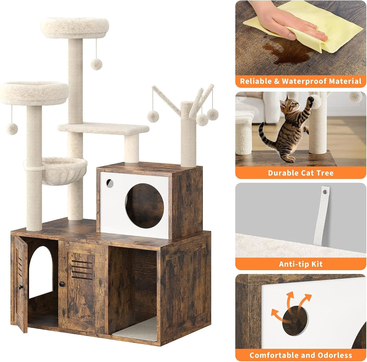 Modern Cat Tower With Integrated Hidden Litter Box Enclosure
