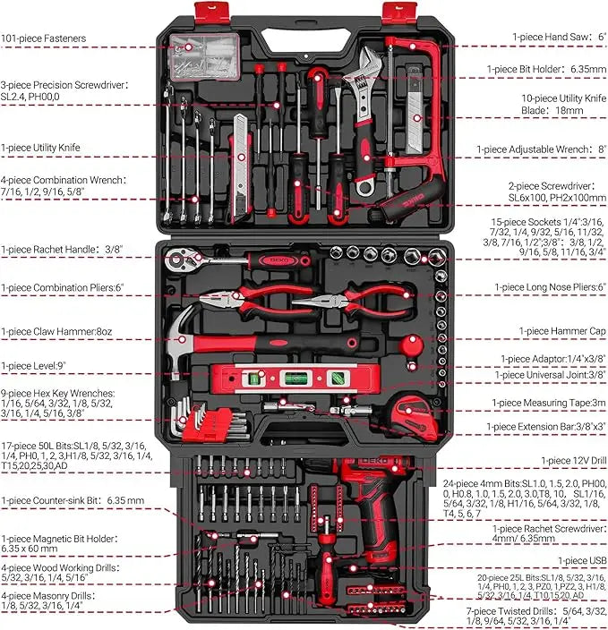 DEKO Mechanic Tool Set With Cordless Drill And Storage Case