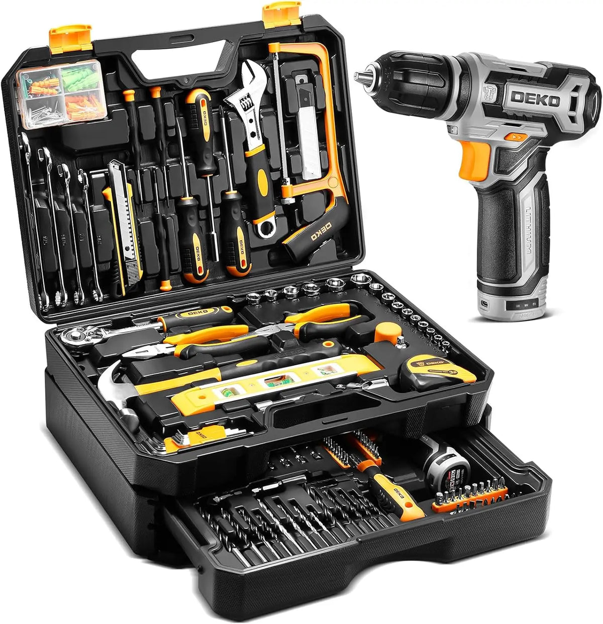 DEKO Mechanic Tool Set With Cordless Drill And Storage Case