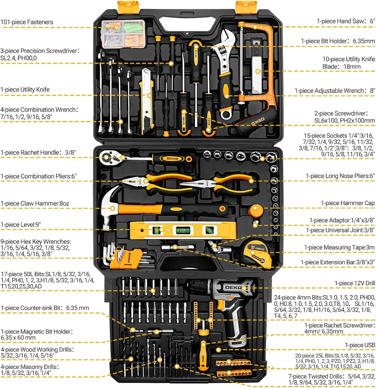 DEKO Mechanic Tool Set With Cordless Drill And Storage Case