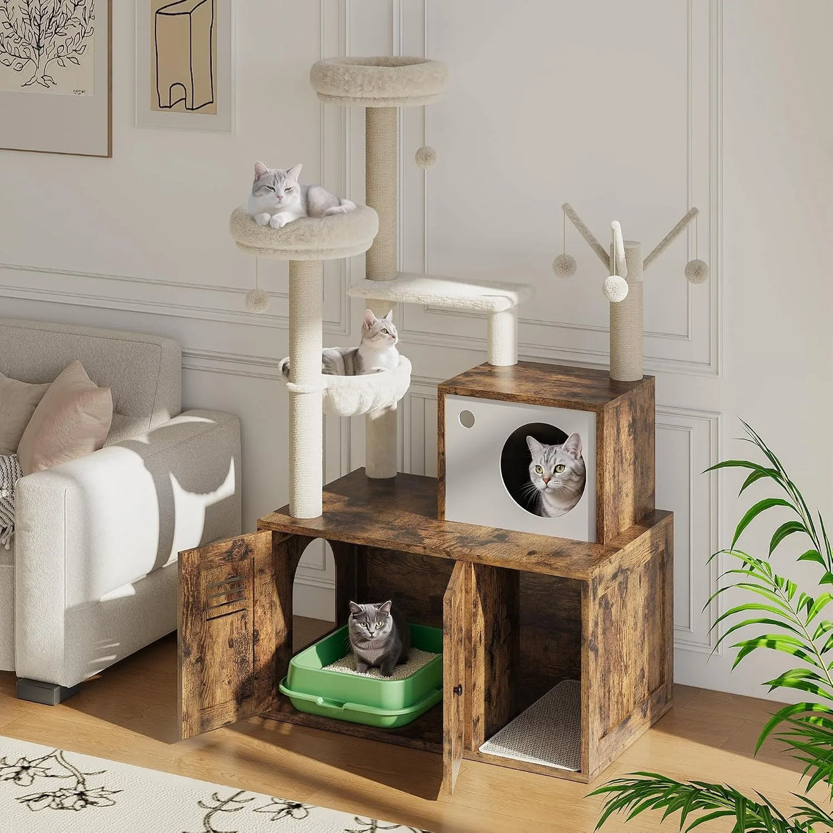 Modern Cat Tower With Integrated Hidden Litter Box Enclosure