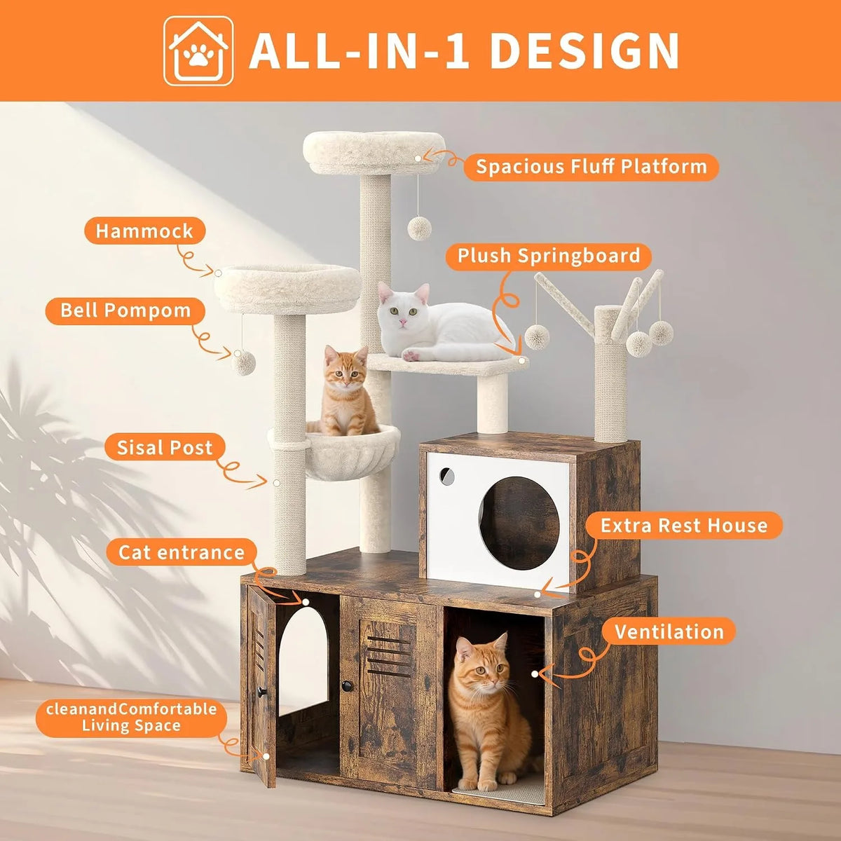 Modern Cat Tower With Integrated Hidden Litter Box Enclosure
