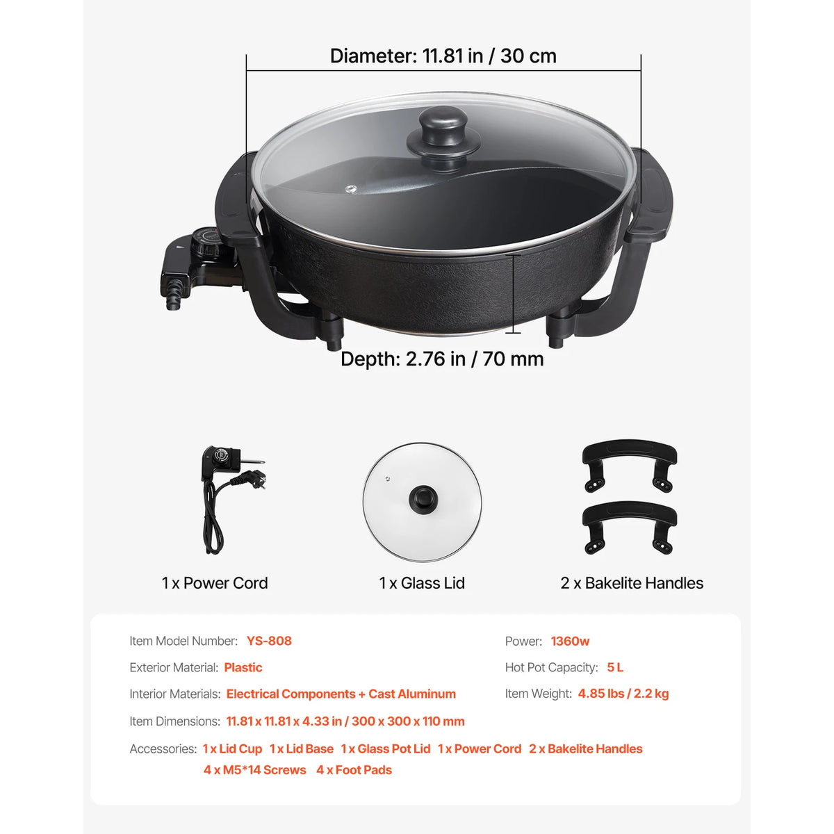 SucceBuy Double Flavor Electric Hot Pot With Divider Glass Lid