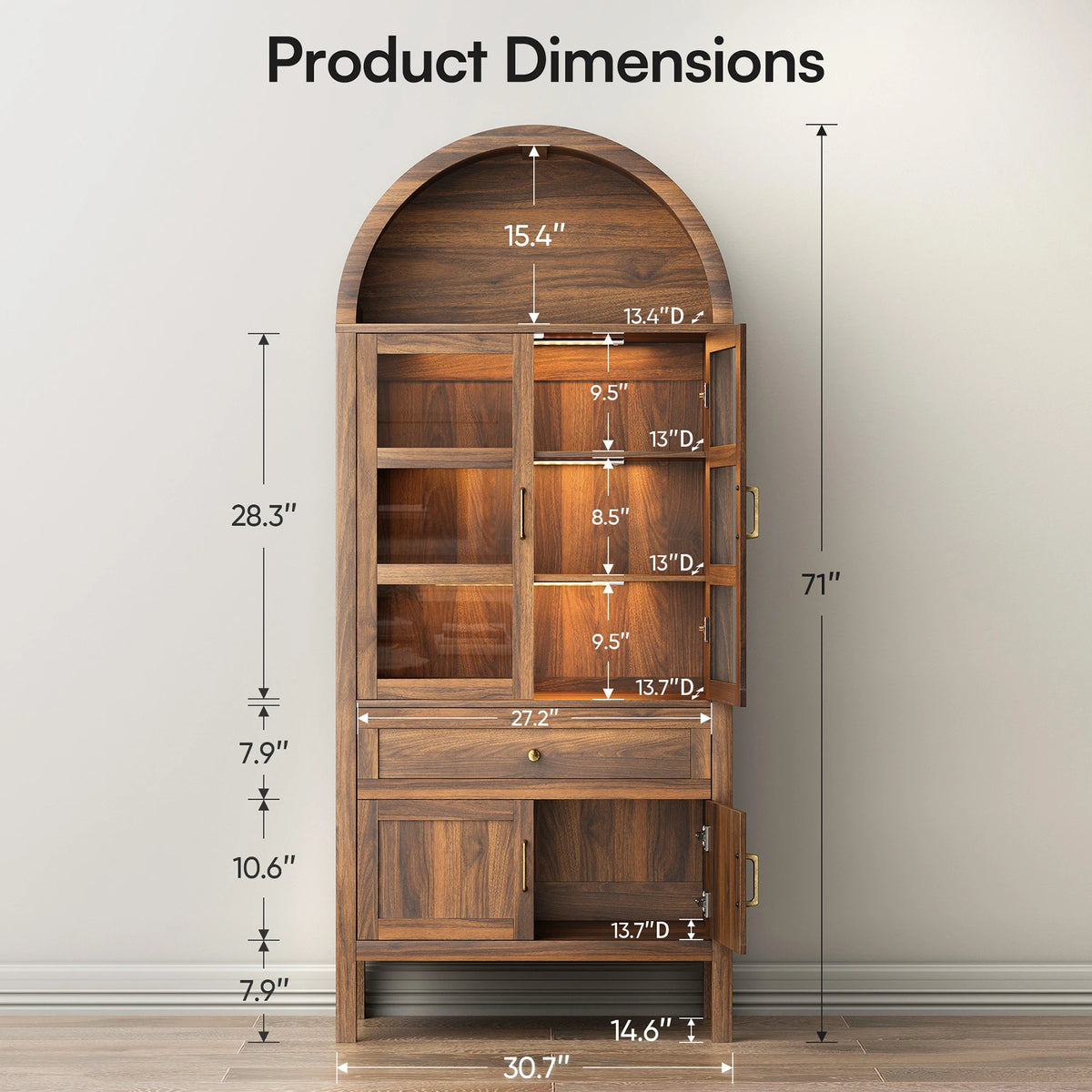 Cottinch Arched Wood Storage Cabinet Adjustable Shelves LED Lighting