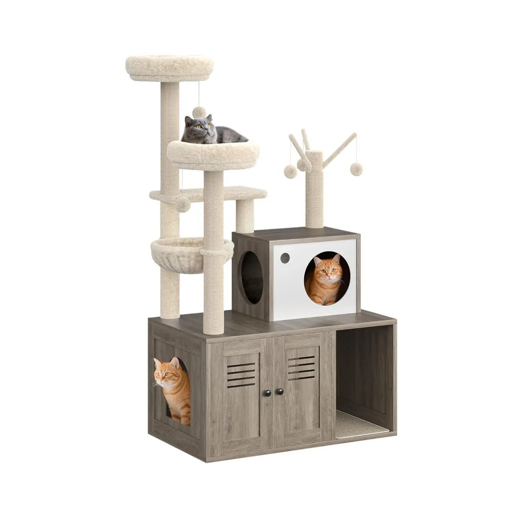 Modern Cat Tower With Integrated Hidden Litter Box Enclosure