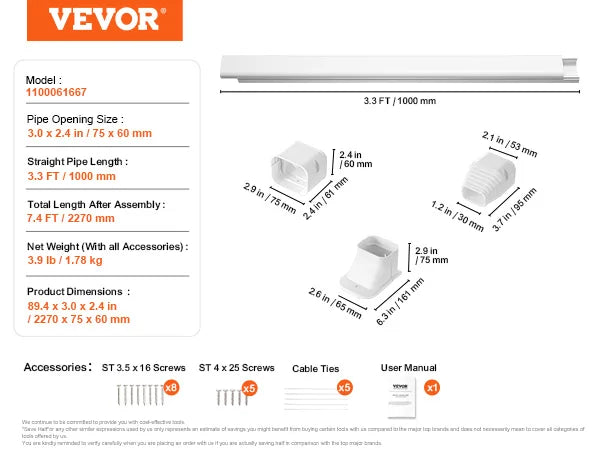 Vevor Paintable Mini Split Line Set Cover Decorative Pipe Sleeve