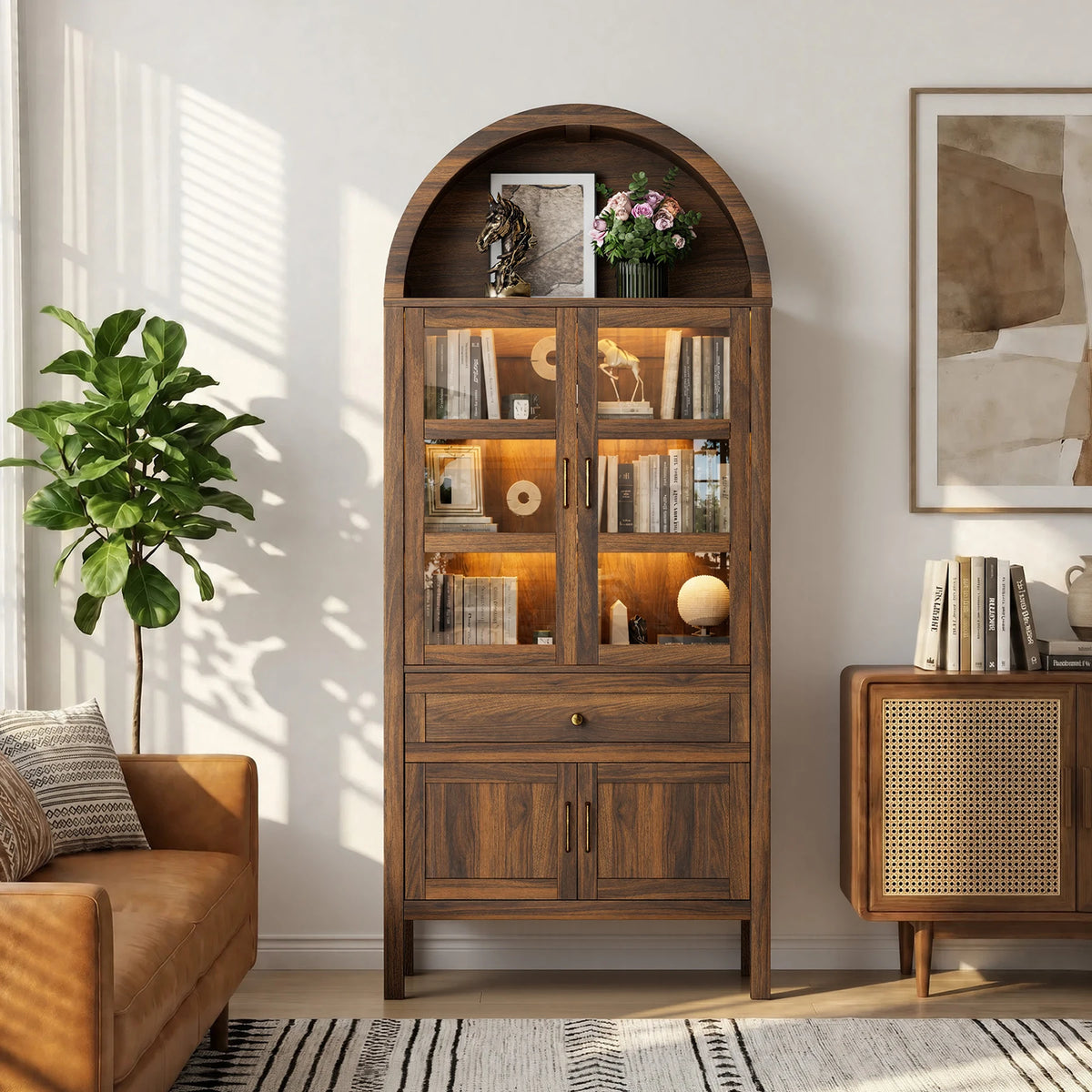 Cottinch Arched Wood Storage Cabinet Adjustable Shelves LED Lighting
