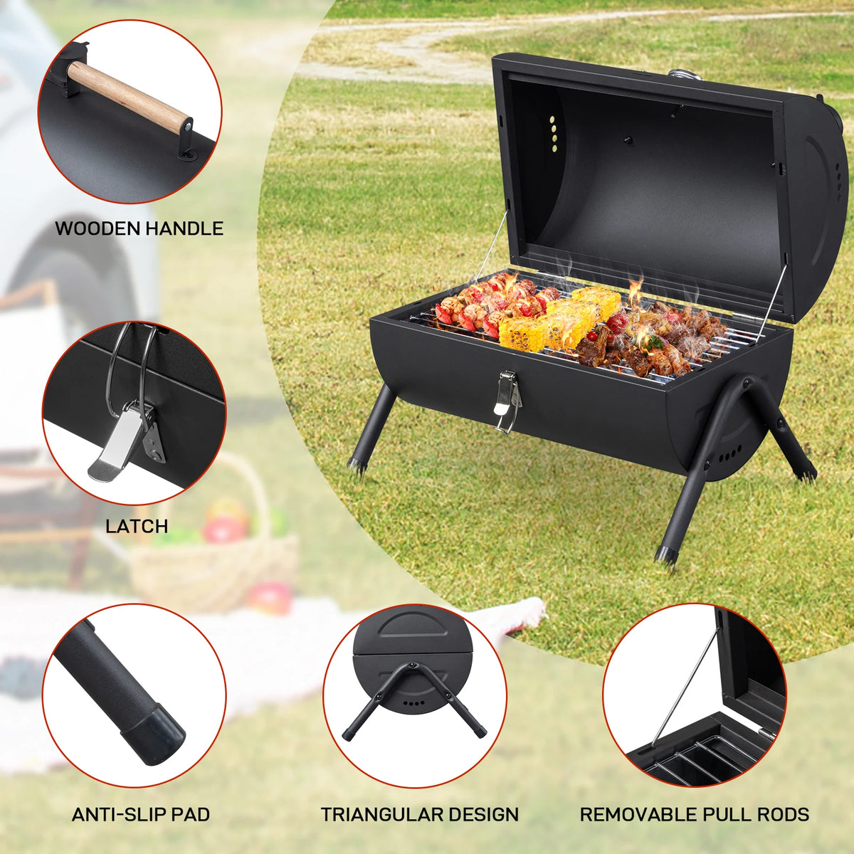 Compact Portable Charcoal Grill With Thermometer For Outdoor Camping