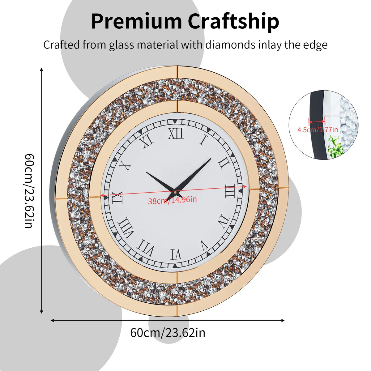 Decorative Crystal Mirror Wall Clock With Mute Alarm Function