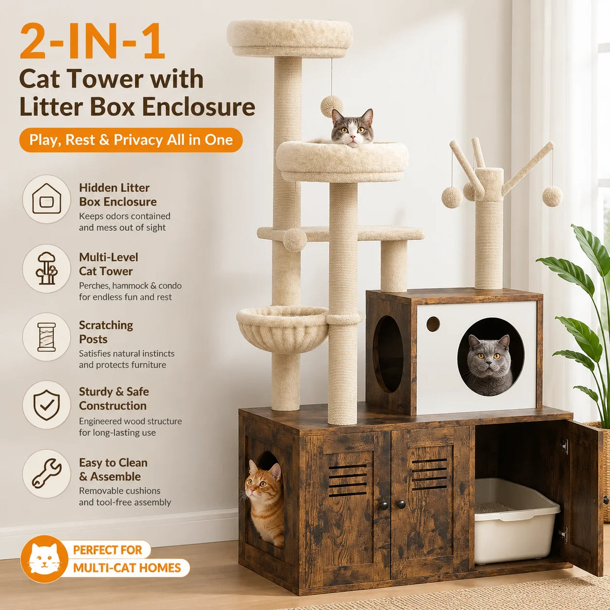 Modern Cat Tower With Integrated Hidden Litter Box Enclosure