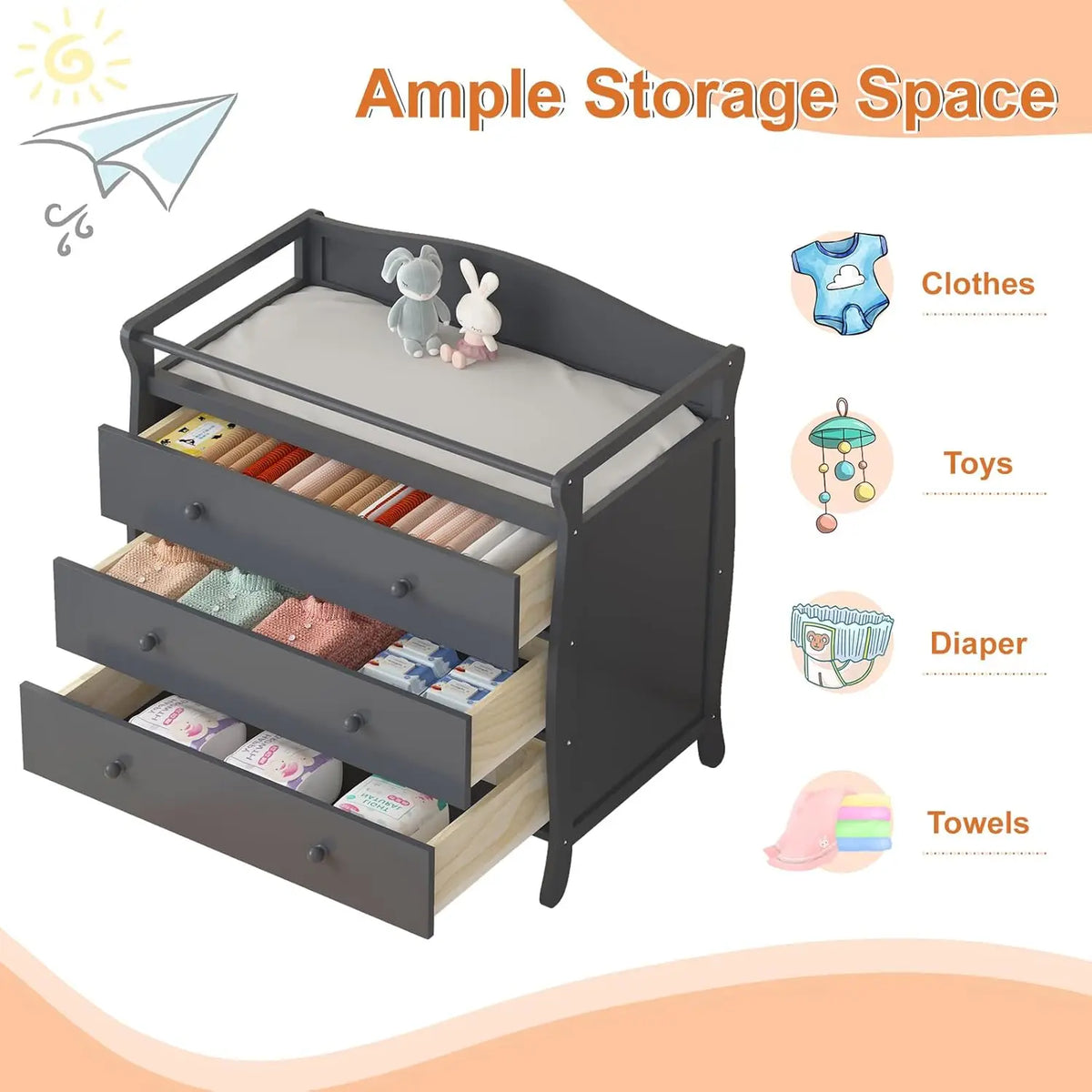 HiMISS Wooden Baby Changing Table With Safety Belt And Rails