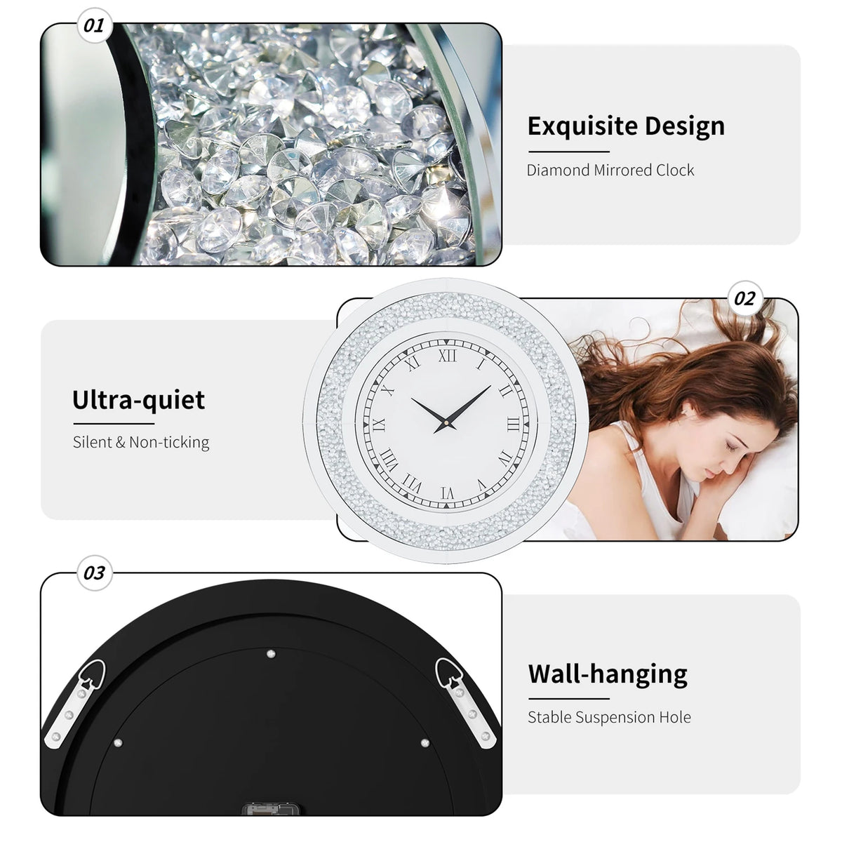 Decorative Crystal Mirror Wall Clock With Mute Alarm Function