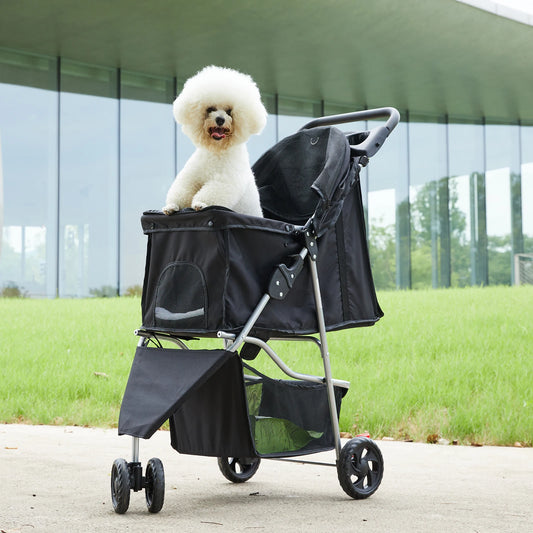 Foldable Three Wheel Pet Stroller For Small Dogs With Basket