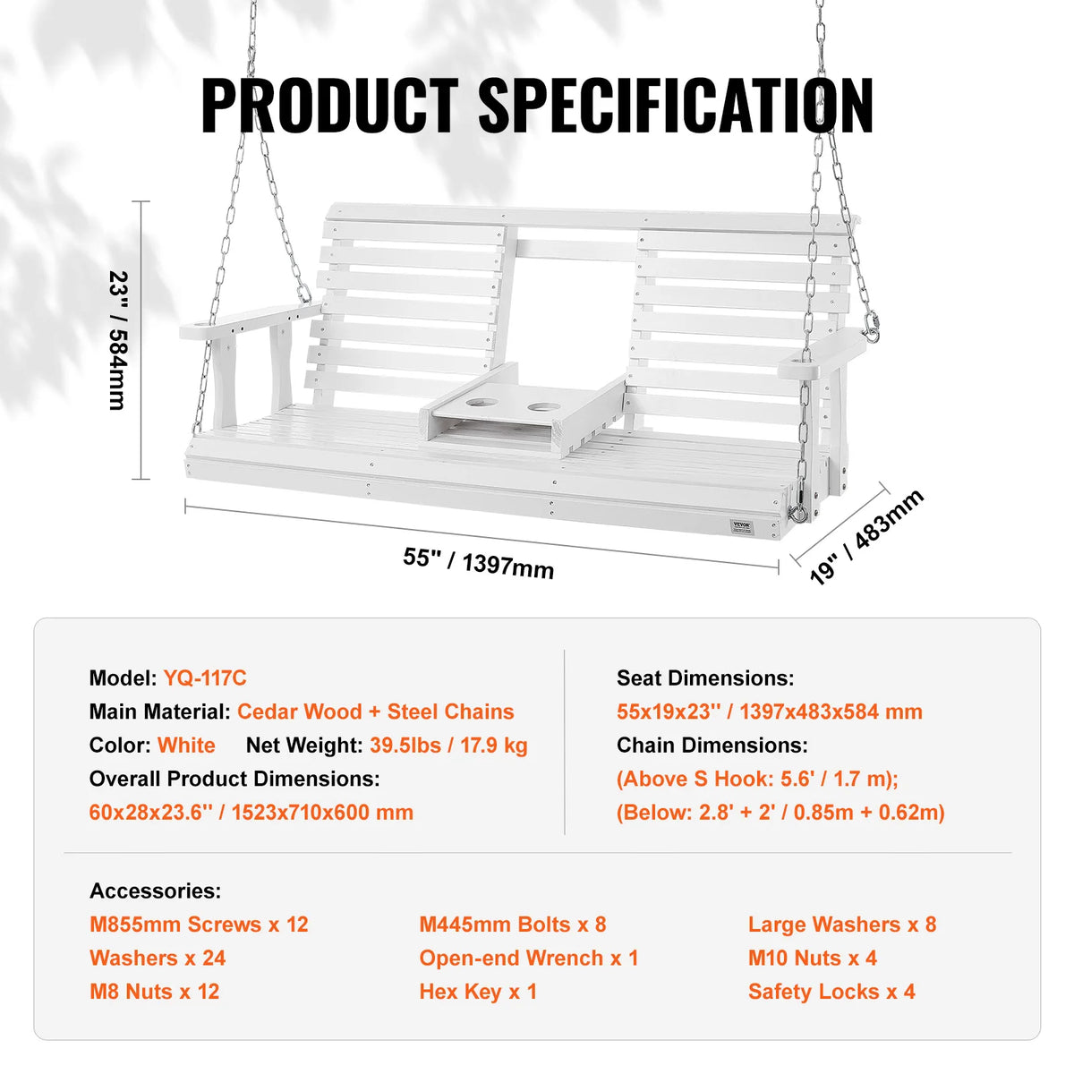 SucceBuy Cedar Wood Outdoor Porch Swing For Patio Garden Seating