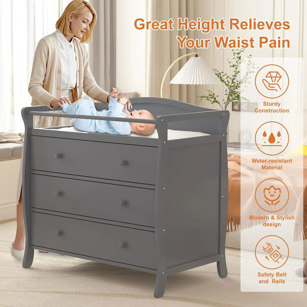 HiMISS Wooden Baby Changing Table With Safety Belt And Rails