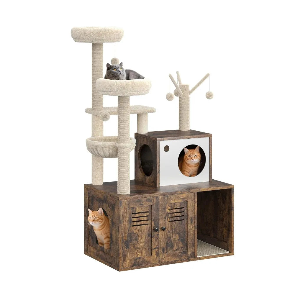 Modern Cat Tower With Integrated Hidden Litter Box Enclosure