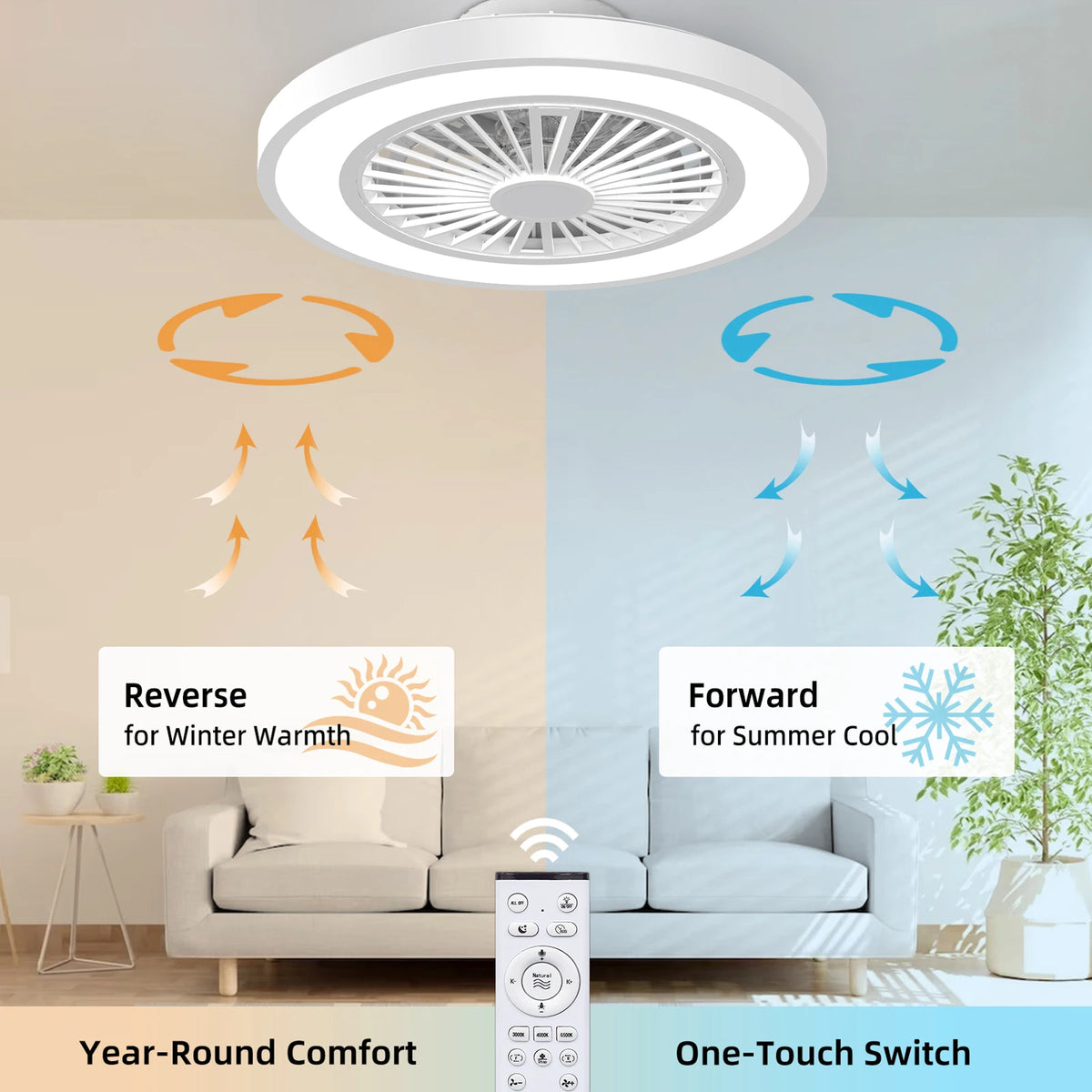 Silent Ceiling Fan Light Reversible DC Motor Remote Control