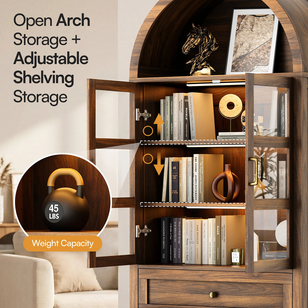 Cottinch Arched Wood Storage Cabinet Adjustable Shelves LED Lighting