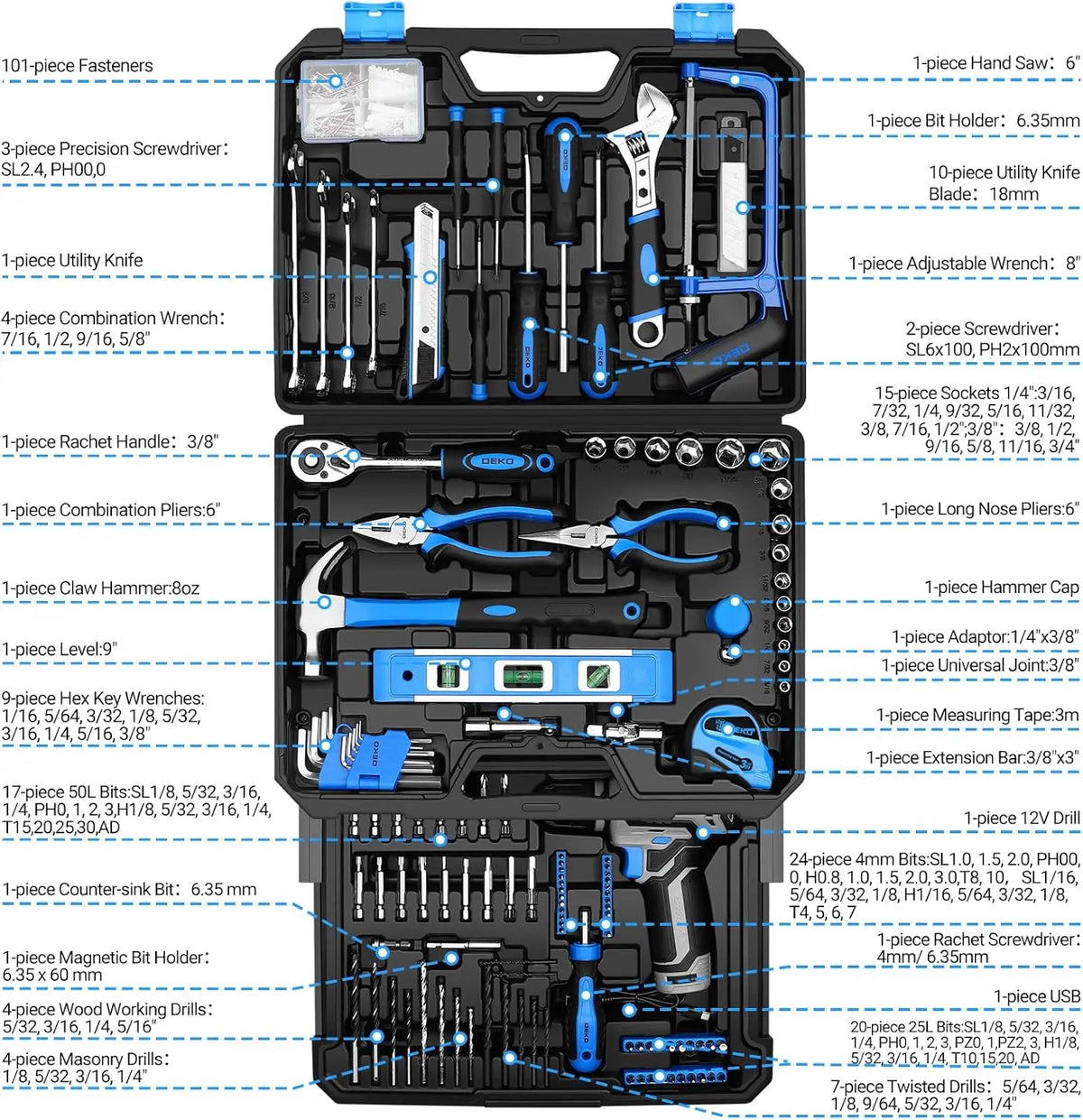 DEKO Mechanic Tool Set With Cordless Drill And Storage Case